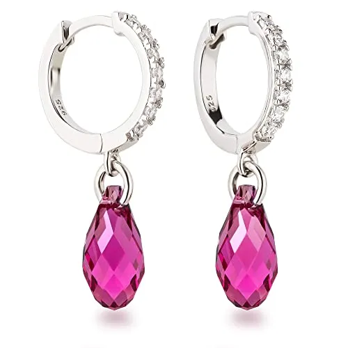 Schöner-SD Ohrhänger Creolen mit Kristall Tropfen 925 Silber Fuchsia - Ohrringe für Damen, hochwertige 925 Silber Creolen mit glitzernden Kristall Tropfen im Briolettschliff für atemberaubendes Funkeln und besten Tragekomfort.