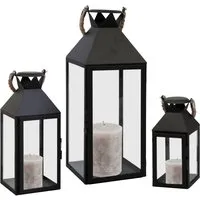 Elegantes 3er Laternen Set Schwarz Metall 25/40/51cm - Kerzenständer - Luxuriöses Laternen-Set aus Metall und Glas mit Seilgriffen, ideal für stimmungsvolle Beleuchtung in Wohnräumen oder im Garten.