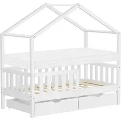 ML-DESIGN Spielbett Hausbett Kinderbett 70x140cm mit Matratze - Betten: Fantasievolles Hausbett aus massivem Kiefernholz mit 2 Schubladen für praktischen Stauraum. Inklusive abnehmbarer, hypoallergener Matratze für optimalen Komfort und gesunden Schlaf.