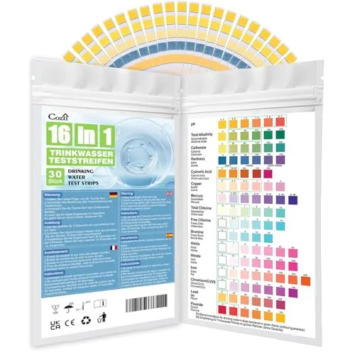 COZII Wassertester Trinkwasser 30 x 16 in1 Wasserteststreifen für Trinkwasser Schnelltest - Einfache Überprüfung der Wasserqualität - Wasserteststreifen mit Härte, Blei, Eisen, Kupfer