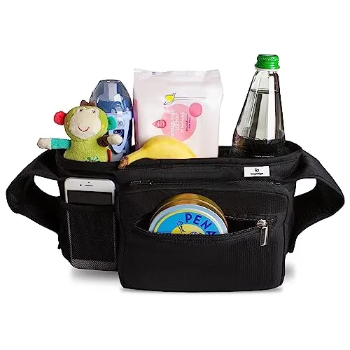 Bergsteiger Kinderwagen Organizer Plus - Praktische Kinderwagentasche mit abnehmbarer Zusatztasche, integriertem Smartphone-Fach und zwei isolierten Getränkehaltern – passend für alle Kinderwagen und Buggys.