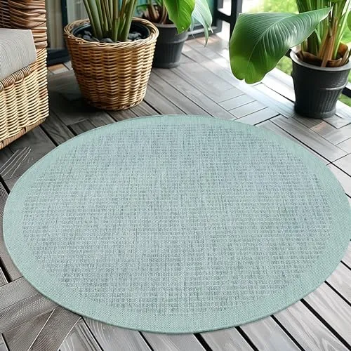 Teppium Modern Outdoor Teppich Wetterfest 120 cm Rund Blau- Flachgewebe Sisaloptik Balkon Teppich Wasserfest - Waschbarer Teppich für Garten, Terrasse, Camping und Küche