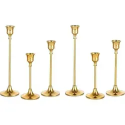 Kerzenständer Metall Gold für Spitzkerzen – 6er Set - Elegantes 6er Set aus Metall in Gold für Spitzkerzen. Mit drei unterschiedlichen Höhen (15 cm, 18,5 cm, 23,5 cm) ideal für festliche Anlässe. Perfekte Passform für Standardkegelkerzen – bringe stilvolle Akzente in dein Zuhause!