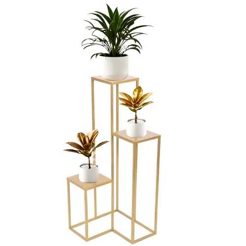 FRAMADO - Pflanzenständer Elle Metall - 3 Etagen - 40x40x95cm - Farbe Gold - für Zimmerblumen - Metallregal - Dekorativer Tisch - Blumenständer - für Zimmerecke, Wohnzimmer, Balkon