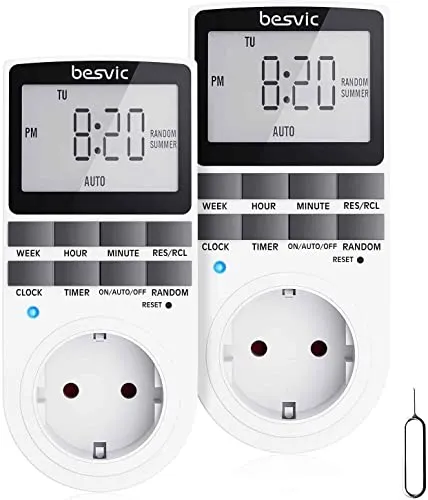 Digitale Zeitschaltuhr Steckdose, Besvic 3680W Timer Steckdose mit 10 täglichen konfigurierbaren Programmen, LCD Display und Anti-Theft-Zufallsmodus für Innen (2 Pack)