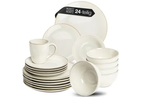 Moritz & Moritz Tafelservice SENSE beige Geschirrset (24-tlg) für 6 Personen - 24-teiliges Kombigeschirrset aus robustem Steingut, spülmaschinen- und mikrowellengeeignet. Jedes Teil ist ein Unikat mit modernem Design und perfekter Funktionalität für jeden Anlass.