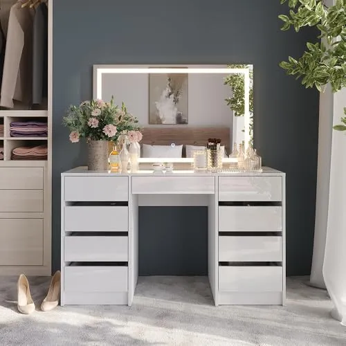 Vicco Schminktisch Sherry mit LED-Spiegel, Weiß Hochglanz, 128,2 cm - Eleganter Schminktisch „Sherry“ mit LED-Spiegel, ideal für stilvolle Schönheitspflege. Perfekte Kombination aus Funktionalität und modernem Design für jeden Raum.