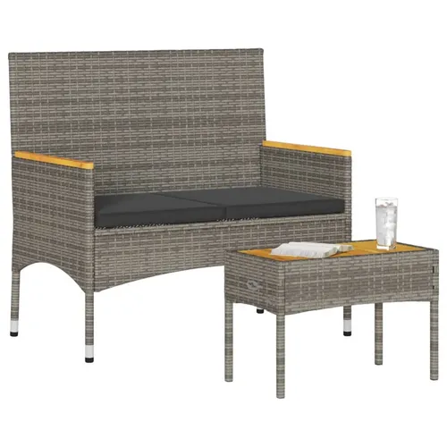 vidaXL Gartenbank 2-Sitzer mit Kissen und Tisch Grau - Gartenbank für 2 Personen aus robustem Poly Rattan mit gemütlichen Kissen und passendem Tisch, ideal für entspannte Stunden im Freien.
