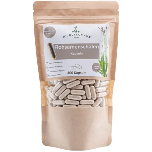 MICROFLORANA® Flohsamenschalen Kapseln - 400 hochdosierte Kapseln - Pflanzliches Ergänzungsmittel Flohsamen, 99% Reinheit und 3.660 mg Ballaststoffe pro Tag, ideal für eine sanfte Verdauungsunterstützung und leicht in der Anwendung.