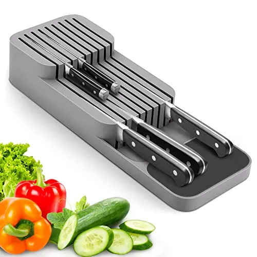 Verbesserter Messerblock für Schublade - Unbestückte Messerblöcke mit platzsparendem 2-Lagen-Design für bis zu 9 Messer, rutschfest und sicher – ideal für eine aufgeräumte Küche.