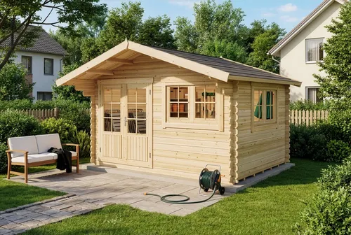Gartenhaus Gabriel-34 - 400x300 cm, 34 mm Wandstärke, ideal als Lagerraum oder gemütliche Gartenlaube mit viel Licht durch große Doppelfenster
