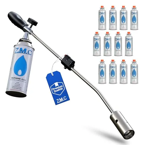 ZMC Unkrautbrenner 2,5 kW mit Piezo-Zündung + 12x Gaskartuschen 227g – Unkrautvernichter & Grillanzünder bis 1400 °C – Abflammgerät für Garten, Gehweg, Einfahrt, Terrasse & Moosentfernung