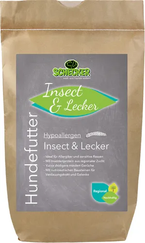 Schecker Trockenfutter mit Insektenprotein - Insect & Lecker - Hundefutter mit 14% Insektenprotein, ideal für Allergiker und sensitive Rassen. Hypoallergen, getreide- und fleischfrei – schont die Umwelt und fördert die Gesundheit.