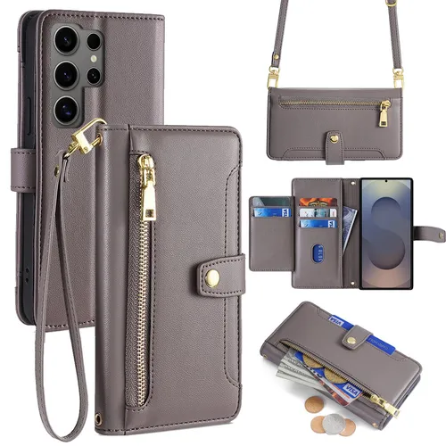 Handykette Samsung Hülle mit Band PU Leder Umhängetasche Galaxy S25 Ultra Grau
