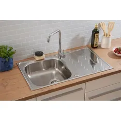 Respekta Miami Edelstahlspüle 86 x 50 cm - Edelstahlspüle mit 1 Becken, reversibel einbaubar und ideal für 50 cm Unterschränke, inklusive Korbventil und Ab- sowie Überlaufgarnitur.