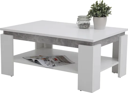 möbelando Couchtisch Tim II - Beistelltisch in Weiß/Beton-Optik mit praktischem Ablageboden, ideal für modernes Wohnen. Maße: 90x40x60 cm, Made in Europa.