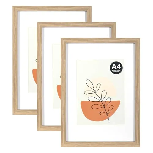 KAIWIN Bilderrahmen A4 Grau 3er Set, 21x29.7cm mit Passepartout 15x20cm, Bilderrahmen Din A4 mit Acrylglas zum Aufhängen und Aufstellen, Posterrahmen, Holz Natur Amerikanische Weiß-Eiche