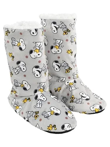 The Peanuts Snoopy Hausschuhe für Damen - Hüttenschuhe Homeboots Winter Stiefel Booties Hausstiefel gefüttert Grau (Grau, EU Schuhgrößensystem, Erwachsene, Damen, Numerisch (von/bis), M, 37, 38)