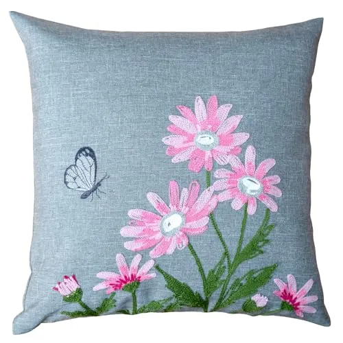 heimtexland Dekokissen Leinen-Optik Bestickt Deko Esszimmer Serie Margariten Blumen Kissen Bezug grau Stickerei Schmetterling Sofakissen Frühling Typ886 Kissenhülle 40x40 cm rosa