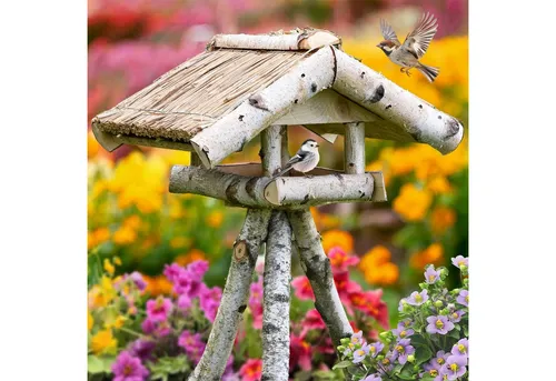 Vogelhaus mit Ständer 127cm - Reetdach aus Birkenholz - Vogelhäuser, ideal für Hüttensänger und Rotkehlchen, mit einem stabilen Ständer und einem ansprechenden Reetdach für optimalen Wetterschutz.