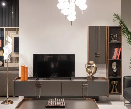 Moderne Wohnwand aus Holz mit Wandschrank und Regalfächern - Stilvolle Wohnwand in Grau, ideal für das Wohnzimmer. Mit 6 Türen, 5 Regalfächern und moderner Optik bietet sie viel Stauraum und setzt Akzente. Maße: 210 x 52 x 52 cm.