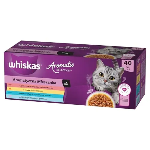 WHISKAS Aromatic Selection Multipack Katzennassfutter 1+, 40x85g - 4 Geschmacksrichtungen: Schwein, Huhn, Lachs, Meeresfisch in Sauce