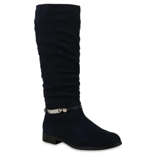 Mytrendshoe Damen Klassische Stiefel - Blau, Größe 39, leicht gefüttert mit Strass und Zierperlen für stilvollen Komfort