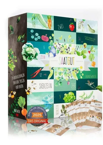 Boxiland Adventskalender Saatgut 2025 – 24 Sorten Gemüse, Kräuter, Obst - Adventskalender für Gartenliebhaber – 24 Sorten Saatgut für Gemüse, Kräuter und Obst. Ideal zum Entdecken und Wachsen, perfekt als Geschenk für Hobby-Gärtner:innen und Naturliebhaber. Handverpackt in sozialen Werkstätten.