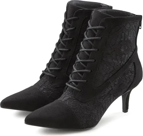 Modische Schnürstiefelette LASCANA für Damen, Gr. 40, schwarz - Stiefelette von LASCANA mit sexy Spitzen Optik und 6,5 cm Absatzhöhe. Optimaler Tragekomfort durch Schnürung und Reißverschluss. Ideal für modebewusste Frauen.