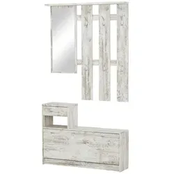 Garderobe Onno – Holzfarben mit Spiegel und Stauraum - Garderobe Onno in Holzoptik mit großem Spiegel, 6 Haken und viel Stauraum für Jacken und Schuhe. Perfekt für den Eingangsbereich!