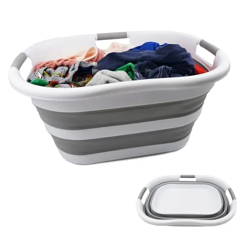 SAMMART faltbarer Wäschekorb aus Kunststoff, 40 l, zusammenklappbarer Pop-Up-Aufbewahrungsbehälter/Organizer – tragbare Waschwanne – platzsparender Wäschekorb (1, Weiß/Grau)