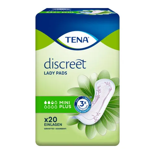 Tena Lady Discreet Mini Plus 20 Stück - Diskrete Inkontinenzeinlagen für sicheren Schutz bei leichter bis mittlerer Blasenschwäche. Mit innovativer Technologie für optimale Feuchtigkeitsaufnahme und Geruchskontrolle. Einzeln verpackt und dermatologisch getestet.