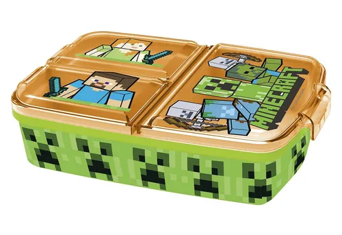 p:os Minecraft Brotdose für Kinder - 3 Fächer Lunchbox mit Clip-Verschlüssen, bruchsicher und ideal für Kindergarten und Schule