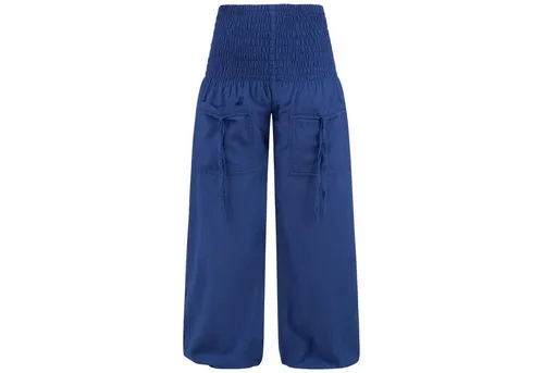 Yoga und Wellnesshose aus Baumwolle - Blau - Yoga-Hosen für Damen, perfekte Wohlfühlhose mit dehnbarem Bund und 2 praktischen Taschen für mehr Komfort beim Yoga und Entspannen.