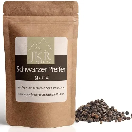 JKR Spices Pfeffer schwarz ganz 250g | Pfefferkörner schwarz für die Mühle | Pfeffer Ganz im CO² neutralen wiederverschliebaren Standbodenbeutel | Schwarzer Pfeffer von höchster Qualität