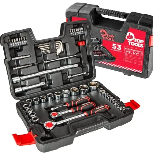 TOP TOOLS Steckschlüsselsatz 53-teilig 1/4 & 1/2 Zoll – Ratschenkasten mit Stecknüssen & Zubehör, Werkzeugkoffer für Haushalt, Garage & DIY, kompatibel mit Akkuschrauber