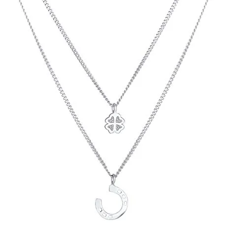 Damen Halskette Layer Silber mit Kleeblatt und Hufeisen - Zweireihige Kette aus 925 Sterling Silber mit Glücksanhängern für jeden Tag, ideal als Geschenk für besondere Anlässe.