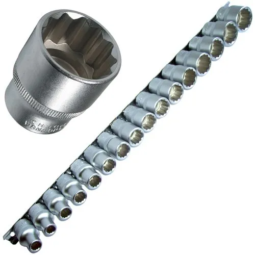 ALKAN 16-tlg. 12-Kant Steckschlüssel-Einsätze (Vielzahn/Doppel-Sechskant) – Größen 8–24 mm – 1/2
