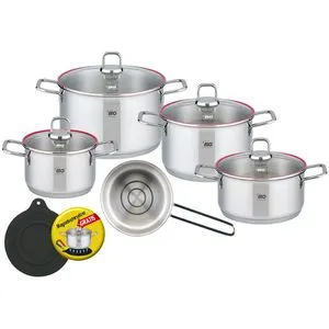 ELO Topfset 72906 Excellent - 5-teiliges Edelstahlset, induktionsgeeignet - Kochtöpfe aus Edelstahl, spülmaschinen- und backofengeeignet bis 240°C. Mit 4 Glasdeckeln und innovativem Öl-Dosiersystem für präzises Kochen.