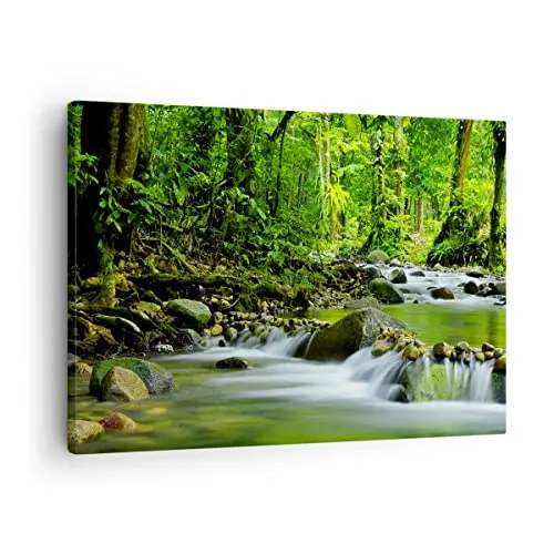 Bilder auf Leinwand Stream Wald Natur Leinwandbild mit Rahmen 70x50cm Wandbilder Dekoration Wohnzimmer Schlafzimmer Küche Deko Klein Wanddeko Bild Wand Kunstdruck Art Wall Decor Canvas AA70x50-0174