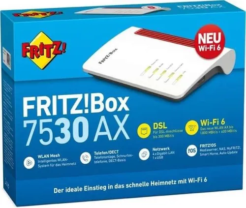 AVM FRITZ!Box 7530 AX - Wi-Fi 6 Router für bis zu 1.800 MBit/s, ideal für schnelles Heimnetz mit WLAN Mesh und integrierter DECT-Basis