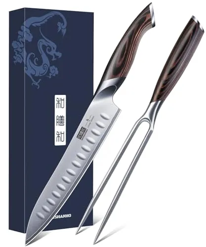HOSHANHO 20cm Schinkenmesser & 18cm Gabel Set, professionelles Messerset aus Hochkarbonhaltigem Stahl mit Rasiermesserscharfer Klinge zum Schneiden von Fleisch und BBQ