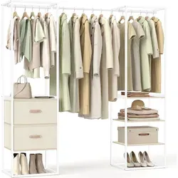 SONGMICS Kleiderständer mit 1 ausziehbarer Stange und 2 Schubladen, platzsparend in Naturbeige - Vielseitiger Kleiderständer mit anpassbarem Design: Nutzen Sie ihn als Schrank oder in Teilen. Robuste Konstruktion für bis zu 130 kg, ideal für Schlafzimmer oder Waschküche. Einfacher Aufbau inklusive Anleitung.