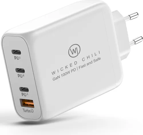 Wicked Chili 100W GaN III USB-C Ladegerät - Netzteile: 100W Power Delivery Ladegerät mit 3 USB-C und 1 USB-A Port für ultraschnelles Laden von Laptop, Handy und Tablet. Kompakt, leicht und ideal für unterwegs.