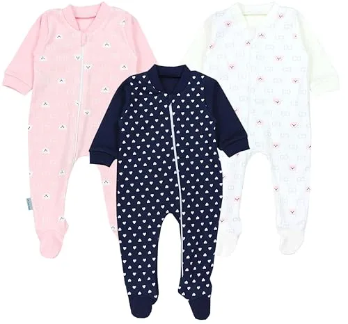 TupTam Unisex Schlafstrampler 3er Pack Baumwolle mit Reißverschluss, Farbe: Herzen Dunkelblau/Bärchen Rosa Weiß, Größe: 86