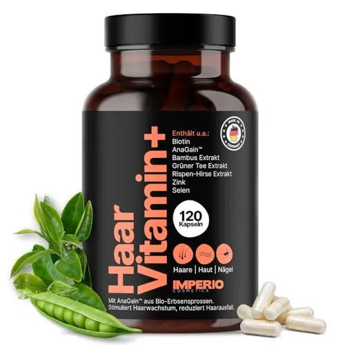 IMPERIO Haarvitamin+ | Premium Haar Vitamine mit AnaGain™ - Biotinpräparate zur Stärkung des Haarwachstums, hochdosiert mit wertvollen Extrakten und 120 Kapseln für 2 Monate. Made in Germany und laborgeprüft.