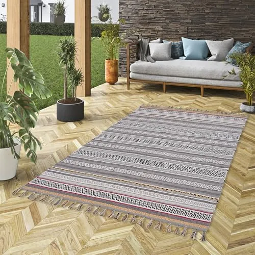 Pergamon Handgewebter Baumwoll Kelim Grace - Grau Beige - Pflegeleichter, Langlebiger Teppich - Ideal für Wohnzimmer, Flur und Küche - Nachhaltiger Naturteppich