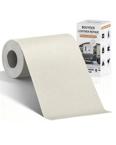 BOUYEER Leder Reparatur Set Elfenbeinweiß, 10x210 cm Kunstleder Selbstklebend, Umweltfreundliche & Geruchsfrei Kunstleder Reparaturset, Möbel/Sofa/Autositze/Taschen/Renovierung, Elfenbeinweiß