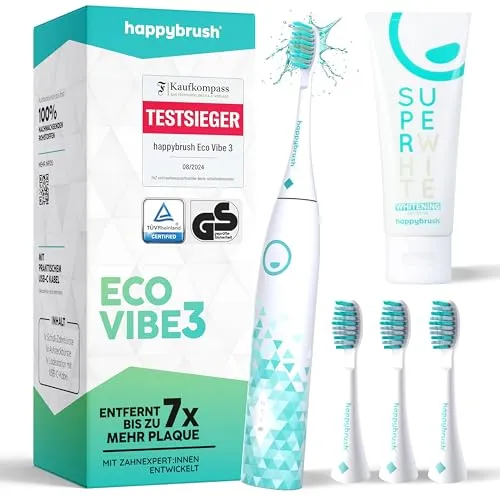 happybrush® Schallzahnbürste Eco Vibe 3 – TESTSIEGER mit 6 Wochen Akku - Elektrische Zahnbürste mit schalltechnologischer Tiefenreinigung, 3 Putzmodi und 60 Tage Akkulaufzeit – ideal für gesunde Zähne und Zahnfleisch.