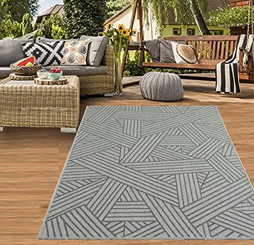 Teppich-Traum In- & Outdoor Teppich Sisal Optik Terrasse Küche Wohnzimmer Balkon abstrakt gestreiftes Muster anthrazit Größe 80x150 cm